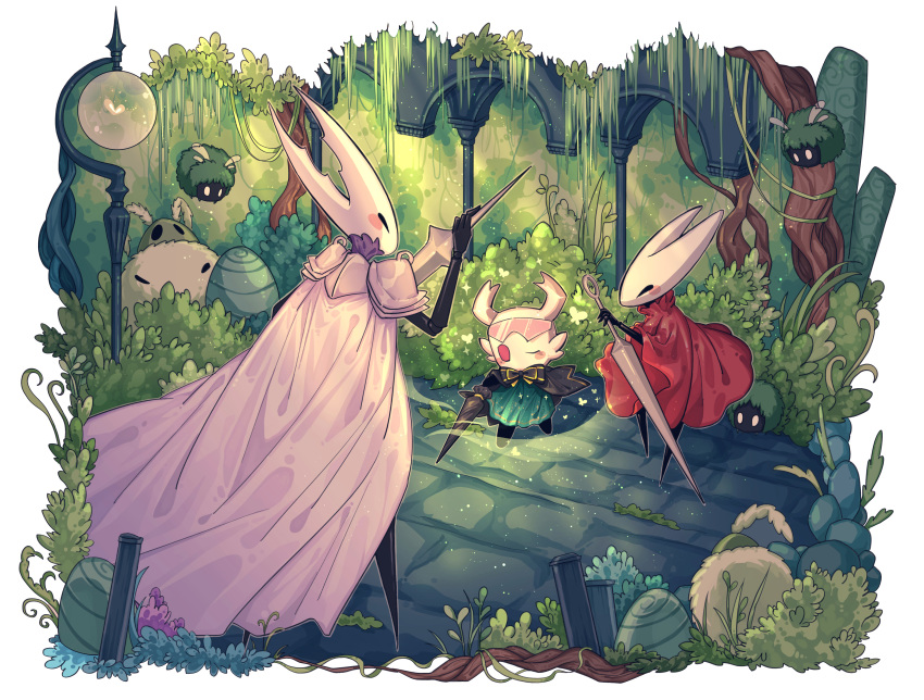 absurdres black_eyes blush bohe_ye_mint bush cape chinese_commentary cloak commission cosplay crossover eyewear_on_head grey_cape highres holding holding_needle hollow_knight hollow_knight_(character) hornet_(hollow_knight) knight_(hollow_knight) looking_down needle nijisanji nox_(vtuber) nox_(vtuber)_(cosplay) nox_official one_eye_closed orange_eyes red_cloak second-party_source standing tree virtuareal