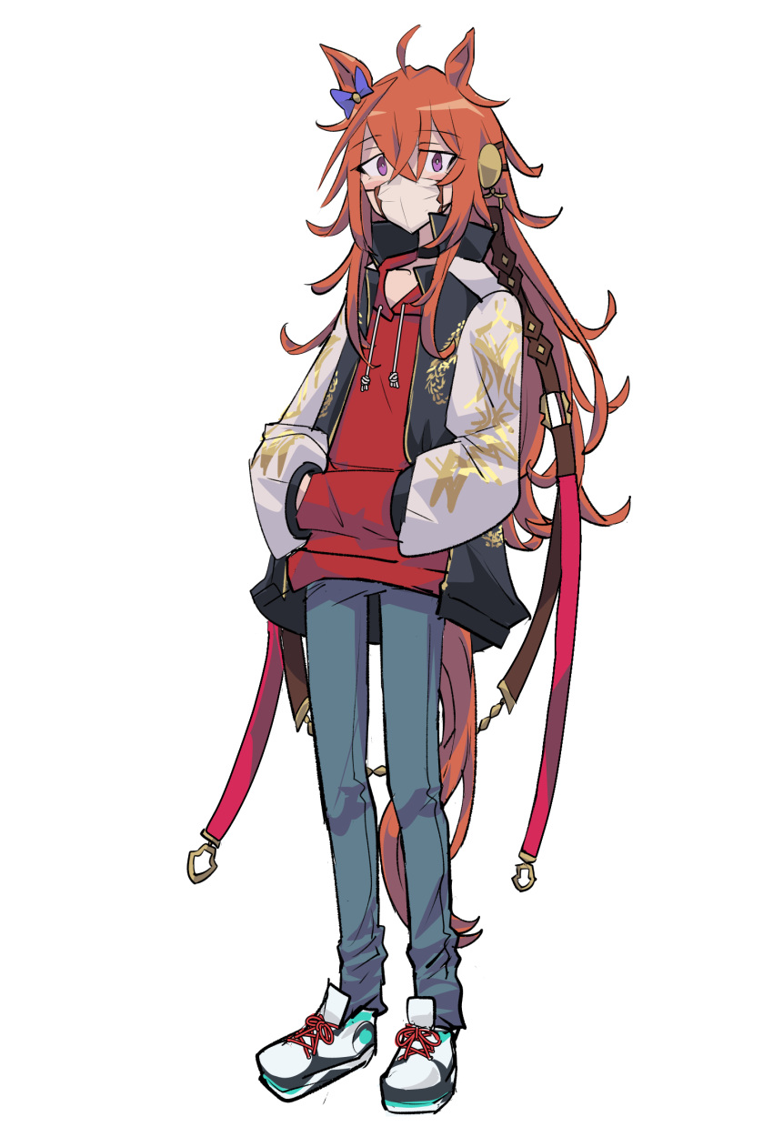 1girl ahoge animal_ears bangs black_jacket bow commentary_request denim drawstring ear_bow eyes_visible_through_hair full_body gold_trim h685336312 hair_between_eyes hair_flaps hands_in_pockets headgear highres hood hoodie horse_ears horse_girl horse_tail jacket jeans long_hair looking_at_viewer mask messy_hair mouth_mask multicolored_clothes multicolored_jacket orange_hair orfevre_(umamusume) pants purple_bow red_hoodie reins shoes simple_background sneakers solo tail two-tone_jacket umamusume violet_eyes white_background white_footwear white_jacket