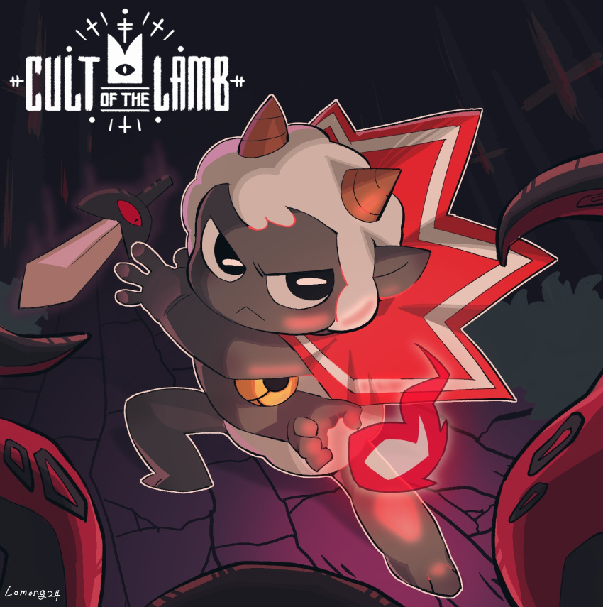 1other animal_ears bell capelet cult_of_the_lamb drawlomong24 fire goat_horns highres horns neck_bell red_capelet red_crown_(cult_of_the_lamb) red_robe robe sheep_ears sheep_tail solid_eyes sword tail tentacles the_lamb_(cult_of_the_lamb) weapon