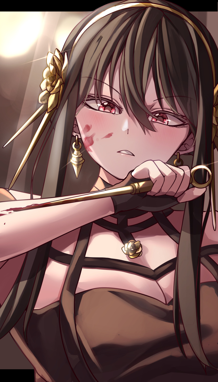 absurdres black_dress black_hair blood blood_on_weapon dagger dress earrings flower gold_earrings gold_hairband highres holding holding_dagger holding_weapon jewelry knife long_hair maboroshi_mochi red_eyes rose short_hair_with_long_locks spy_x_family stiletto_(weapon) weapon yor_briar