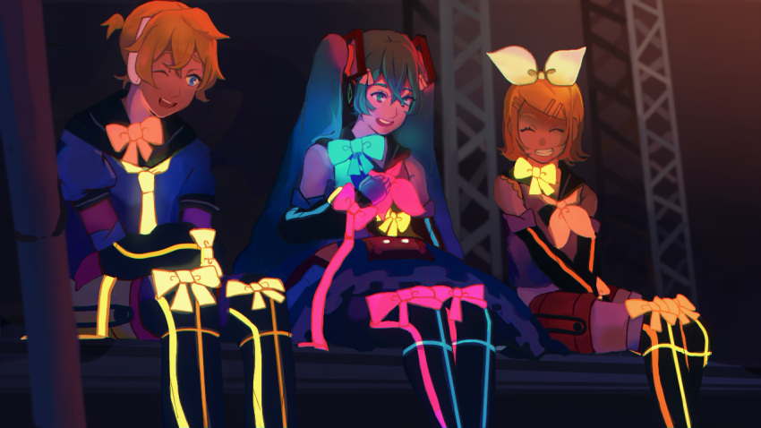 1boy 2girls bangs blonde_hair blue_bow blue_eyes blue_hair bow closed_eyes detached_sleeves dress flipped_hair glowing glowing_clothes grin hair_bow hand_on_own_chest hatsune_miku headset kagamine_len kagamine_rin long_hair magical_mirai_(vocaloid) magical_mirai_len magical_mirai_len_(2018) magical_mirai_miku magical_mirai_miku_(2018) magical_mirai_rin magical_mirai_rin_(2018) multiple_girls nunosei one_eye_closed open_mouth orange_bow parted_bangs pink_bow short_ponytail sitting smile teeth twintails upper_teeth very_long_hair vocaloid white_bow yellow_bow