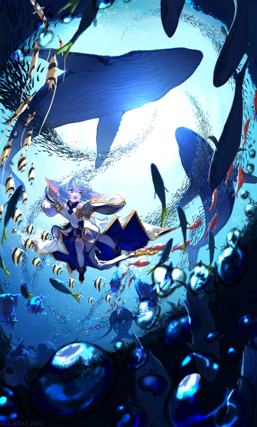 1girl ahoge air_bubble angelfish animal_ears artist_name blacktail_hihi blue_eyes blue_hair boots bubble detached_sleeves dress fish granblue_fantasy highres open_mouth school_of_fish short_hair sleeveless sleeveless_dress smile solo surgeonfish swimming thigh-highs underwater wamdus_(granblue_fantasy) watermark whale white_dress white_thighhighs