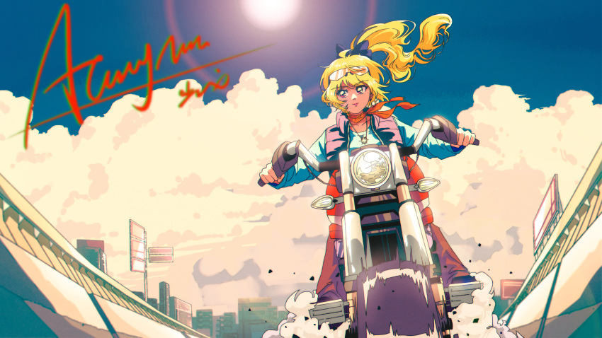 1980s_(style) 1girl absurdres aguangman1030 bangs blonde_hair blue_jacket blue_vest brown_pants clouds collarbone commission dust eyewear_on_head ground_vehicle highres jacket jewelry motor_vehicle motorcycle necklace nijisanji nox_(vtuber) nox_official orange_scarf pants red_eyes retro_artstyle scarf side_ponytail signature sky solo sunglasses vest virtual_youtuber virtuareal