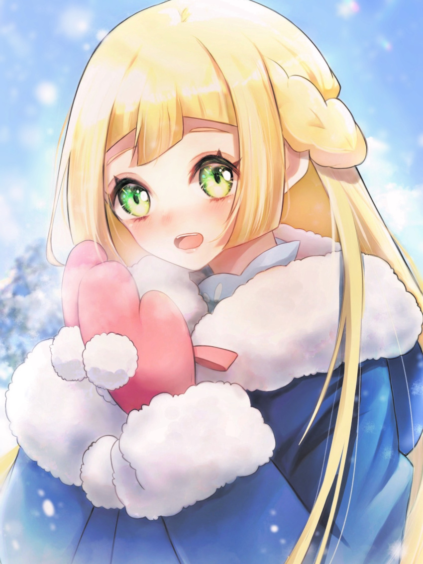 1girl bangs blonde_hair blue_jacket blunt_bangs braid breath day french_braid fur-trimmed_hood fur-trimmed_jacket fur-trimmed_sleeves fur_trim green_eyes highres hood hood_down jacket lillie_(pokemon) long_hair long_sleeves looking_at_viewer mittens open_mouth outdoors pink_mittens pokemon pokemon_(game) pokemon_sm pom_pom_(clothes) snowing solo utaharu_08 winter