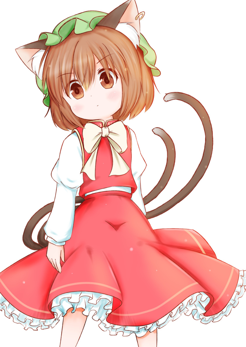 1girl absurdres animal_ears brown_eyes brown_hair cat_ears cat_tail chen earrings feet_out_of_frame hat highres jewelry mob_cap multiple_tails nekomata single_earring solo tail touhou two_tails uru_(uru0301) white_background