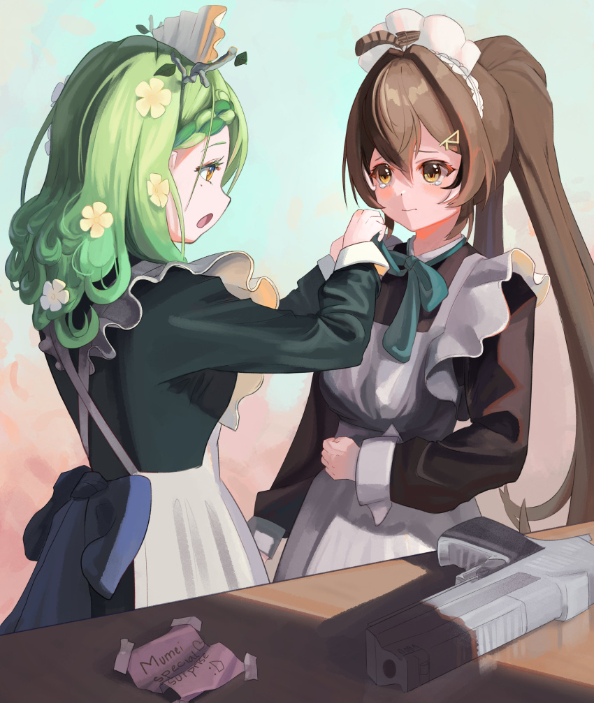 2girls :d absurdres ahoge antlers apron bangs besidoesart blue_ribbon braid braided_bangs branch brown_eyes brown_hair ceres_fauna crying cup feather_hair_ornament feathers flower green_hair gun hair_flower hair_ornament hairclip handgun heart highres holding holding_hair hololive hololive_english long_hair maid maid_apron maid_cafe maid_headdress mole mole_under_eye multicolored_hair multiple_girls nanashi_mumei one_eye_closed ponytail ribbon smile sticky_note streaked_hair tape teacup tears tray turn_pale very_long_hair virtual_youtuber weapon yellow_eyes