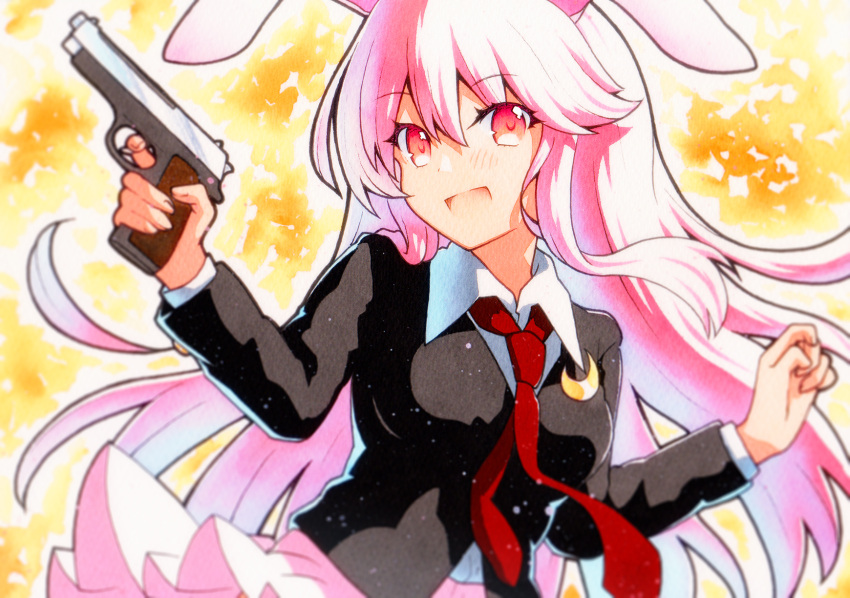 1girl animal_ears black_jacket blazer blush breasts collared_shirt commentary_request crescent crescent_pin dress_shirt gun hair_between_eyes highres holding holding_gun holding_weapon jacket long_hair long_sleeves medium_breasts necktie open_mouth pink_hair pink_skirt qqqrinkappp rabbit_ears red_eyes red_necktie reisen_udongein_inaba shirt skirt smile solo touhou traditional_media upper_body very_long_hair weapon white_shirt