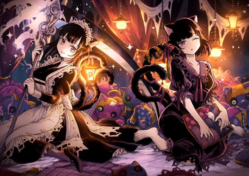 1girl :o animal_ears apron back_bow bangs barefoot black_hair bow cat_ears cat_girl cat_tail curtains dress dual_persona fingernails half-closed_eyes hanging_lantern hgr_(higure) high_heels holding holding_pillow holding_scythe holding_with_tail juliet_sleeves kaibutsu_maid_no_kareinaru_oshigoto lantern long_fingernails long_sleeves looking_at_viewer looking_back maid maid_headdress multiple_tails nekomata one_eye_closed open_mouth pantyhose pillow prehensile_tail puffy_short_sleeves puffy_sleeves ribbon scratching scythe seiza short_hair short_sleeves sitting slit_pupils smile star_(symbol) stuffed_animal stuffed_cat stuffed_toy stuffing sumire_(kaibutsu_maid) tail tail_ornament tail_ribbon torn_curtains two_tails violet_eyes wariza youkai