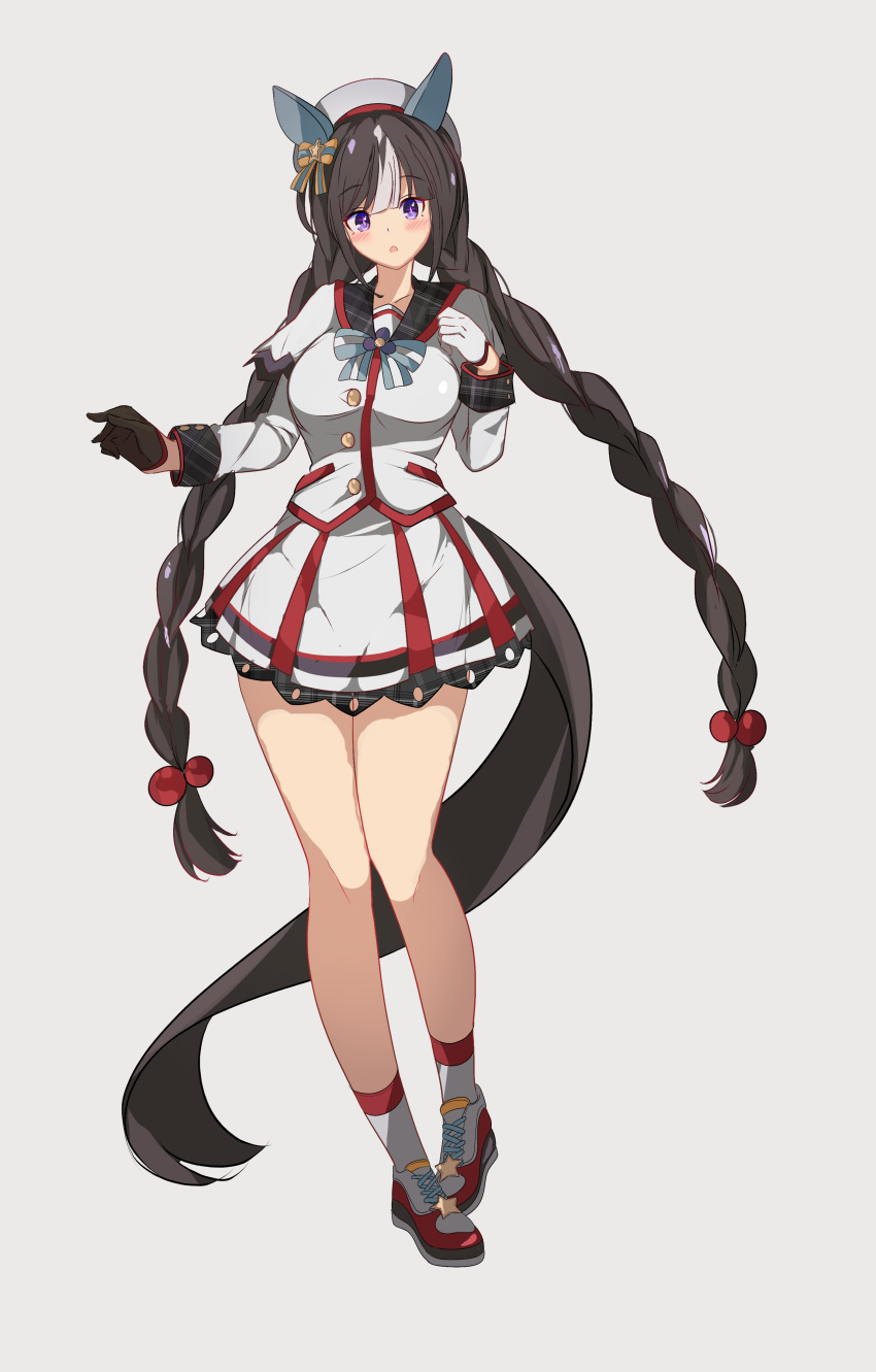 1girl absurdres amano_haruka_(sakogamitokuan) animal_ears black_hair blush braid breasts commentary full_body grey_background hat highres hokko_tarumae_(umamusume) horse_ears horse_girl horse_tail large_breasts long_hair long_sleeves looking_at_viewer multicolored_hair open_mouth sailor_hat simple_background solo streaked_hair tail twin_braids twintails umamusume very_long_hair violet_eyes white_hair white_headwear