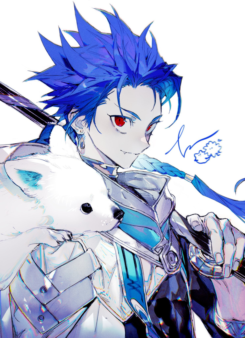 1boy blue_hair braid closed_mouth cu_chulainn_(fate) earrings fang fang_out fate/grand_order fate/grand_order_arcade fate_(series) fingernails highres jewelry looking_at_viewer male_focus pigeon666 red_eyes setanta_(fate) simple_background skin_fang smile solo white_background