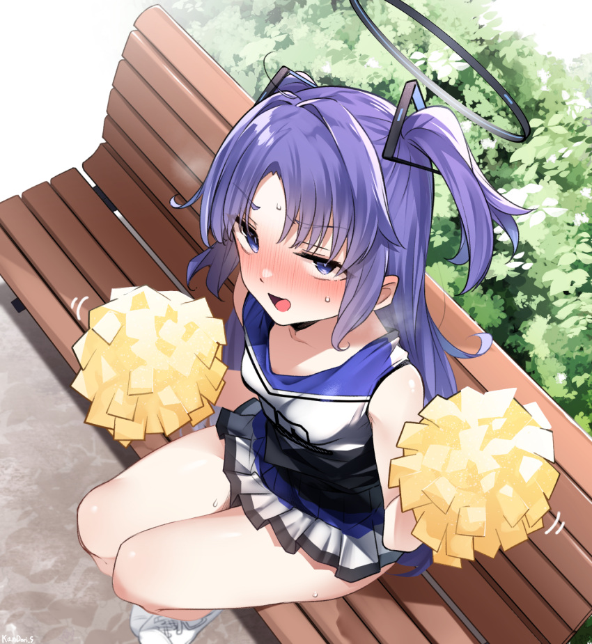 1girl bangs bench blue_archive blush cheerleader crop_top halo highres holding holding_pom_poms kandori open_mouth parted_bangs pleated_skirt pom_pom_(cheerleading) purple_hair shoes sitting skirt sleeveless sneakers solo sweat two_side_up violet_eyes yuuka_(blue_archive)