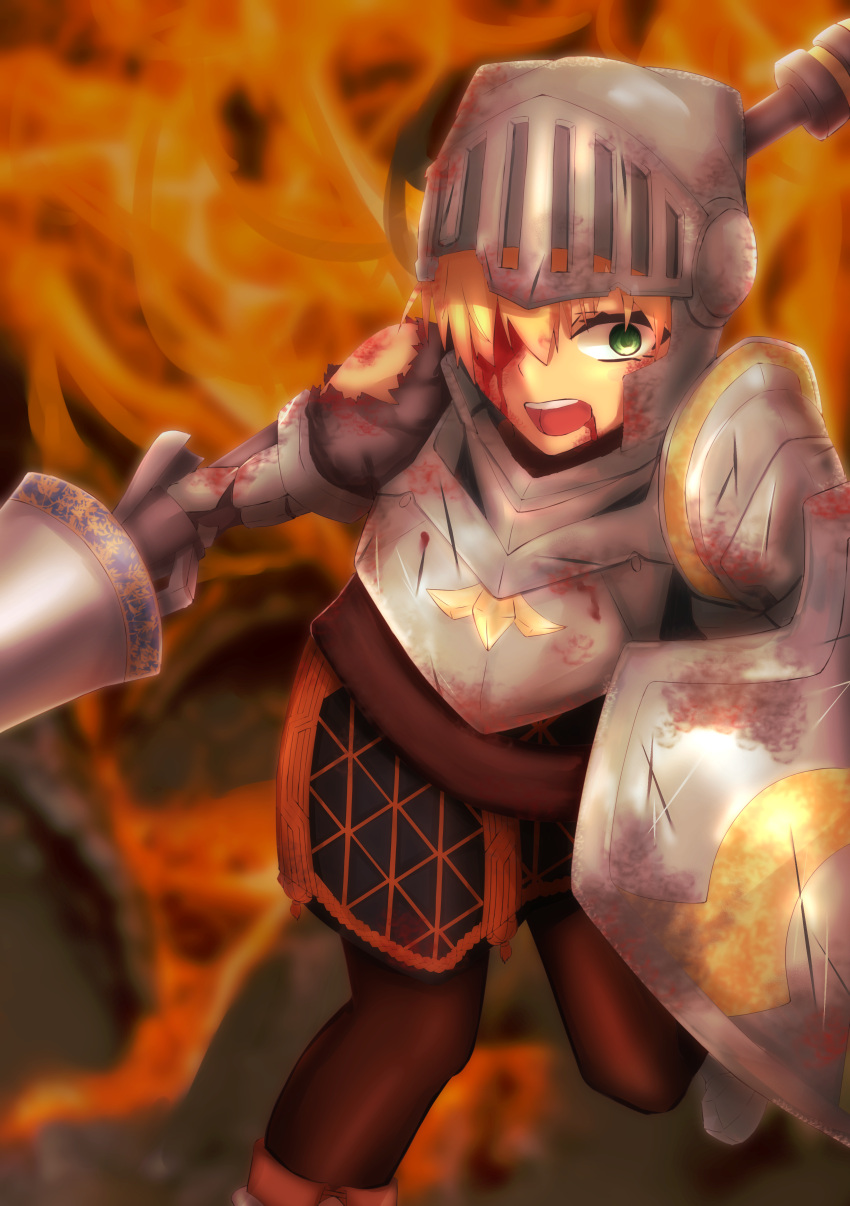 1girl absurdres armor armored_dress blonde_hair blood blood_from_mouth blood_on_eyewear blood_on_face breastplate crack fate/grand_order fate_(series) fire gareth_(fate) green_eyes hair_between_eyes helmet highres nora_red pantyhose scratched shield solo teeth tongue upper_teeth