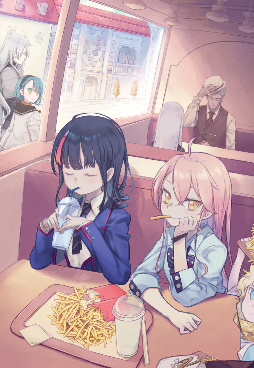 3boys 5girls absurdres ahoge beard black_hair blonde_hair bow cheek_rest closed_eyes cup daisi_gi diner disposable_cup drinking drinking_straw facial_hair fate/requiem fate_(series) fedora food food_in_mouth french_fries galahad_alter green_hair grey_hair hairband hat highres karin_(fate) kijo_kouyou_(fate) koharu_f_riedenflaus lucius_longinus_(fate) manazuru_chitose multiple_boys multiple_girls necktie pink_hair scar scar_on_cheek scar_on_face scarf school_uniform tray utsumi_erice vest voyager_(fate)
