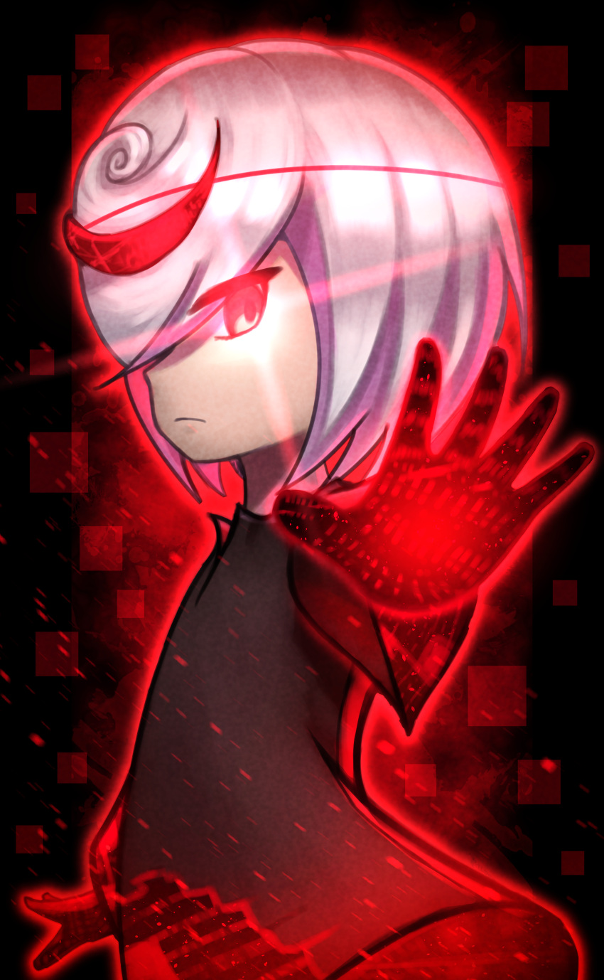 1girl absurdres closed_mouth expressionless glowing glowing_eyes hair_over_one_eye highres looking_at_viewer open_hand red_eyes sage_(sonic) sideways_glance silverchariotx solo sonic_(series) sonic_frontiers white_hair