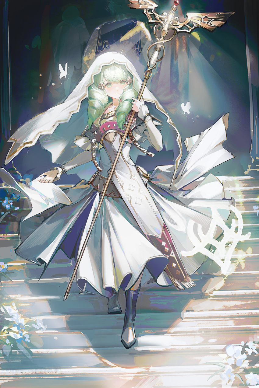 1girl absurdres alternate_costume armor armored_dress black_footwear boots bug butterfly closed_mouth commentary dress drill_hair english_commentary fire_emblem fire_emblem:_three_houses fire_emblem_warriors:_three_hopes flayn_(fire_emblem) flower gold_trim green_eyes green_hair hair_ornament highres holding holding_staff long_hair long_sleeves looking_away neriash shadow smile solo staff stairs sunlight twin_drills veil white_dress