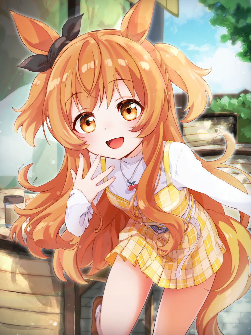 :d absurdres animal_ears bow casual cherry_blossom_print dress floral_print hair_bow highres horse_ears horse_girl horse_tail jewelry long_hair long_sleeves looking_at_viewer mayano_top_gun_(umamusume) necklace omuraisu_(omerise4) open_mouth orange_dress orange_eyes shirt sky smile solo standing standing_on_one_leg tail tree two_side_up umamusume white_shirt