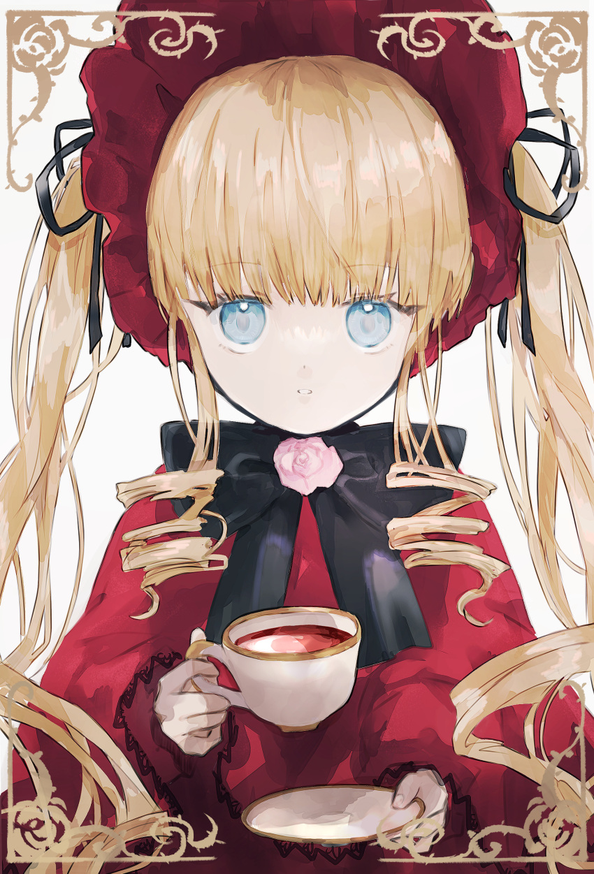 1girl absurdres bangs blonde_hair blue_eyes bonnet bow capelet cup drill_hair flower hair_ribbon hano_luno highres holding holding_cup holding_saucer long_hair long_sleeves looking_at_viewer parted_lips ribbon rose rozen_maiden saucer shinku solo teacup twintails