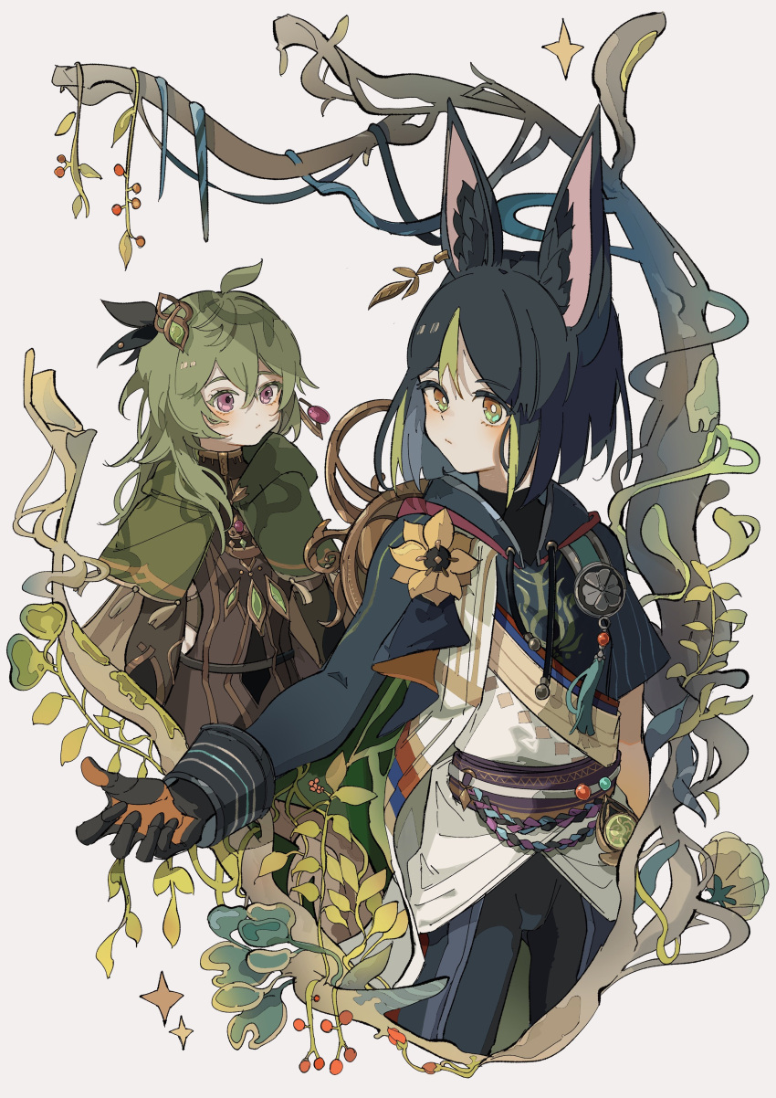 1boy 1girl absurdres ahoge animal_ear_fluff animal_ears bangs black_gloves black_hair blunt_ends bright_pupils brown_dress brown_scarf closed_mouth collei_(genshin_impact) colordifference crossed_bangs detached_sleeves drawstring dress earrings fingerless_gloves flower fox_ears genshin_impact gloves green_eyes green_hair grey_background hair_ornament highres hood hoodie jewelry long_hair long_sleeves looking_at_another looking_at_viewer medal medium_hair multicolored_hair puffy_long_sleeves puffy_sleeves scarf short_sleeves simple_background single_earring streaked_hair tassel tighnari_(genshin_impact) two-tone_gloves violet_eyes vision_(genshin_impact) weapon white_pupils yellow_flower