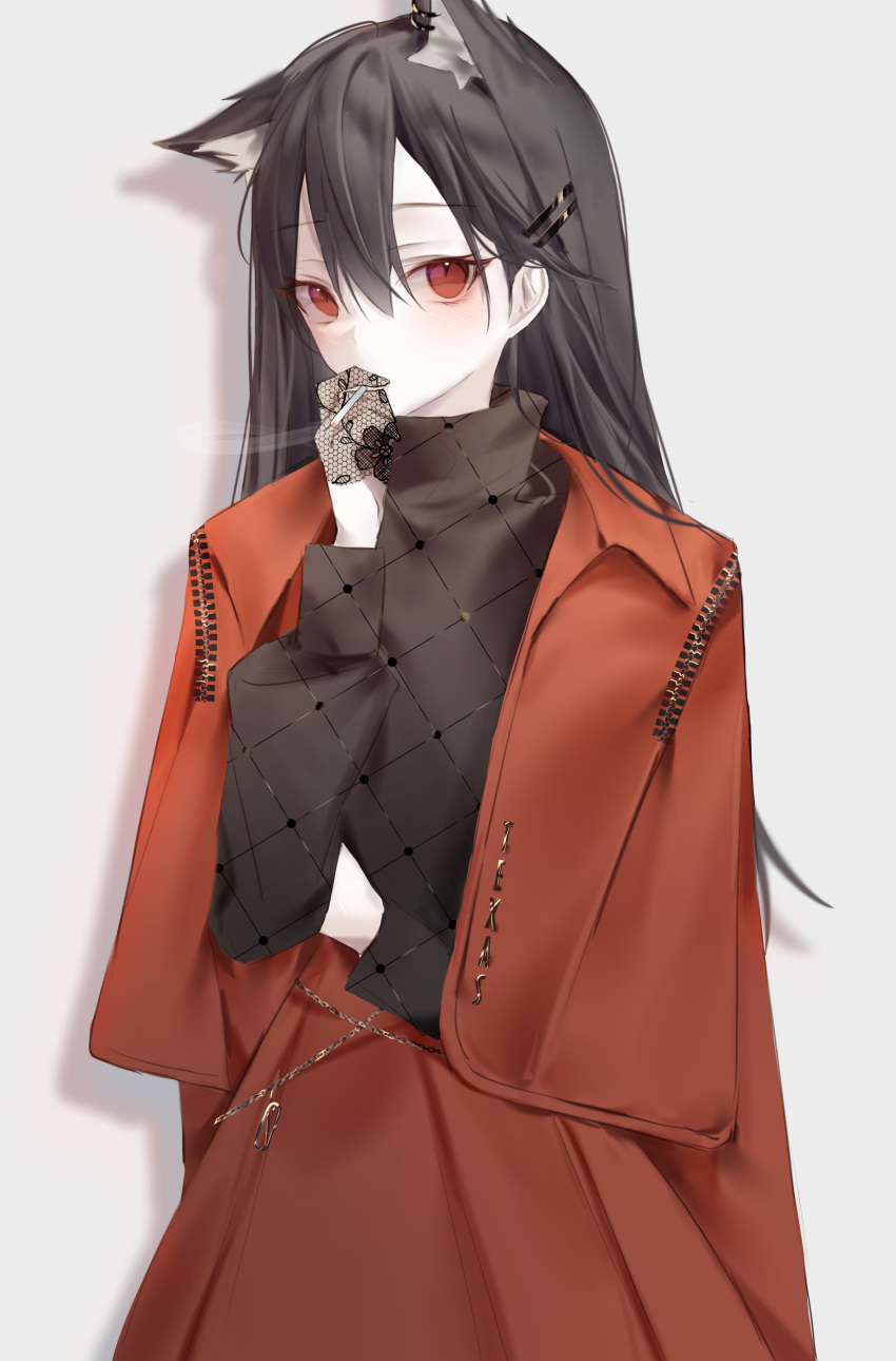 0_(znanimo) 1girl absurdres animal_ears arknights black_gloves black_hair black_shirt cigarette cowboy_shot extra_ears gloves grey_background hair_between_eyes hair_ornament hairclip half_gloves hand_up highres holding holding_cigarette jacket jacket_on_shoulders long_hair long_sleeves looking_at_viewer red_eyes red_jacket red_skirt shadow shirt simple_background skirt smoking solo straight_hair texas_(arknights) wolf_ears wolf_girl