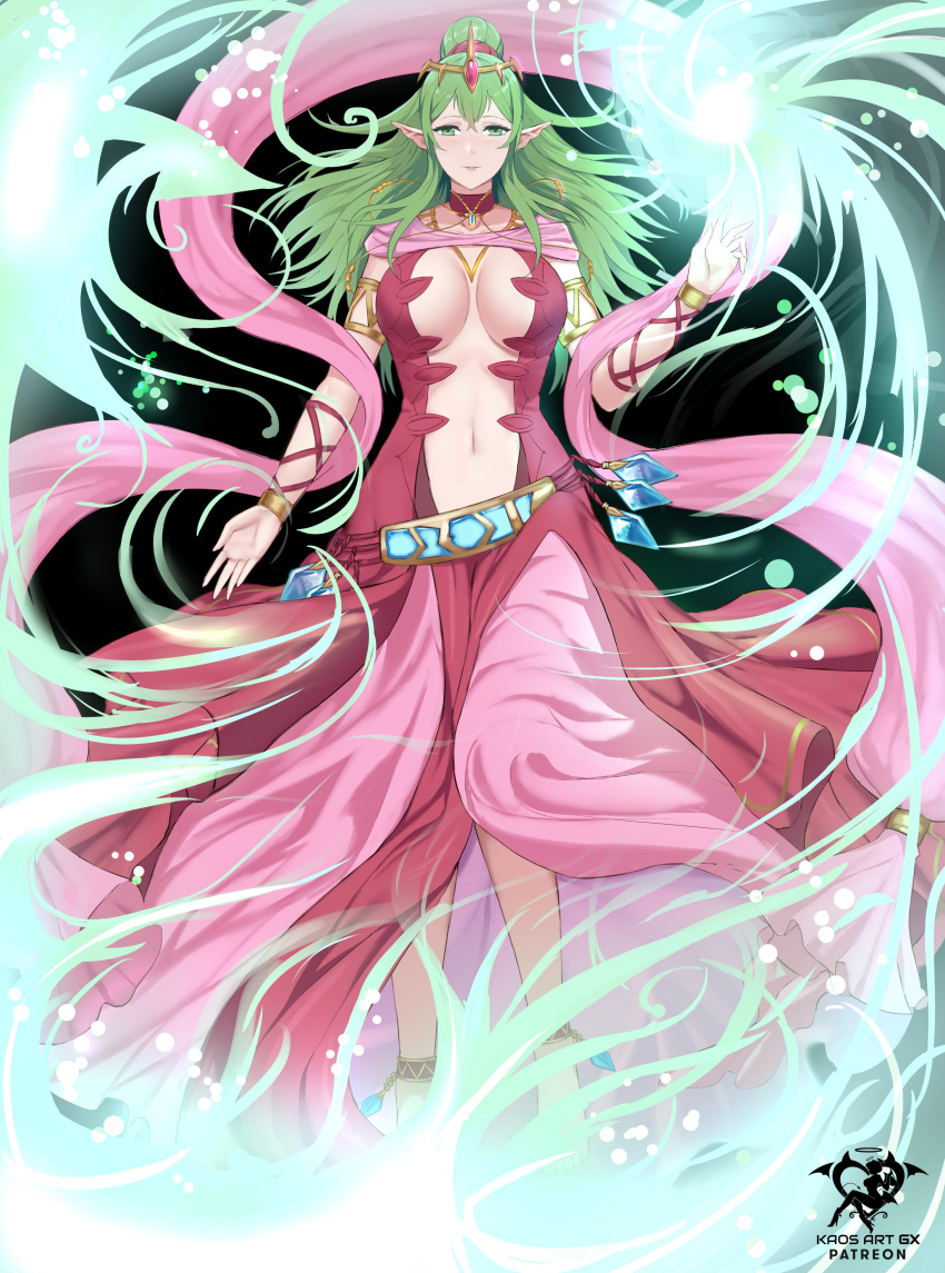1girl absurdres alternate_costume armlet artist_logo artist_name bangs bare_shoulders barefoot black_background bracelet breasts center_opening closed_mouth collar collarbone cosplay dragonstone dress earrings energy fire_emblem fire_emblem_awakening floating floating_object full_body green_eyes green_hair hair_between_eyes hair_ornament high_ponytail highres jewelry kaos_art large_breasts long_hair looking_at_viewer naga_(fire_emblem) naga_(fire_emblem)_(cosplay) navel open_clothes patreon_username pelvic_curtain ponytail red_dress revealing_clothes see-through sidelocks signature simple_background sleeveless sleeveless_dress smile solo stomach tiki_(fire_emblem)