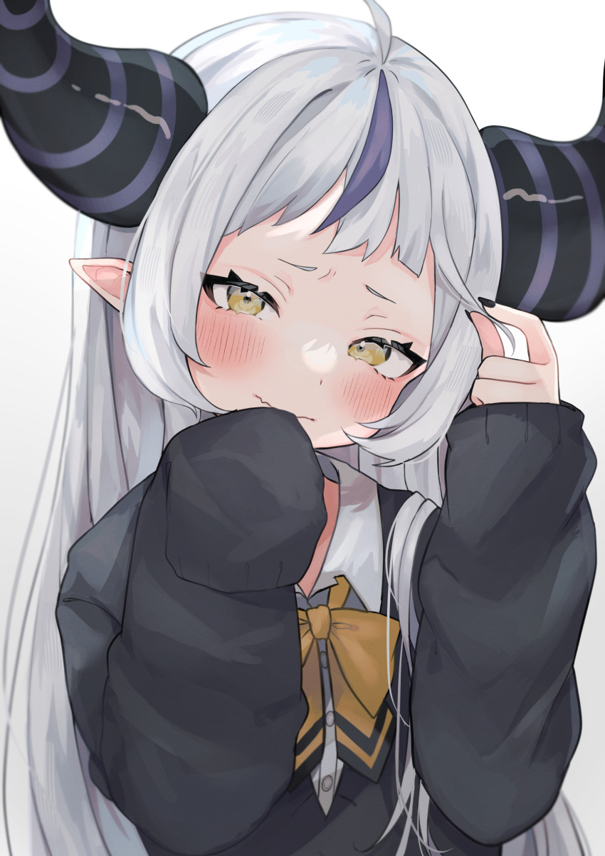1girl absurdres ahoge alternate_hairstyle black_nails blush grey_hair highres hololive horns la+_darknesss looking_at_viewer mutsumi326 neck_ribbon pointy_ears purple_nails ribbon simple_background sleeves_past_wrists solo virtual_youtuber white_background