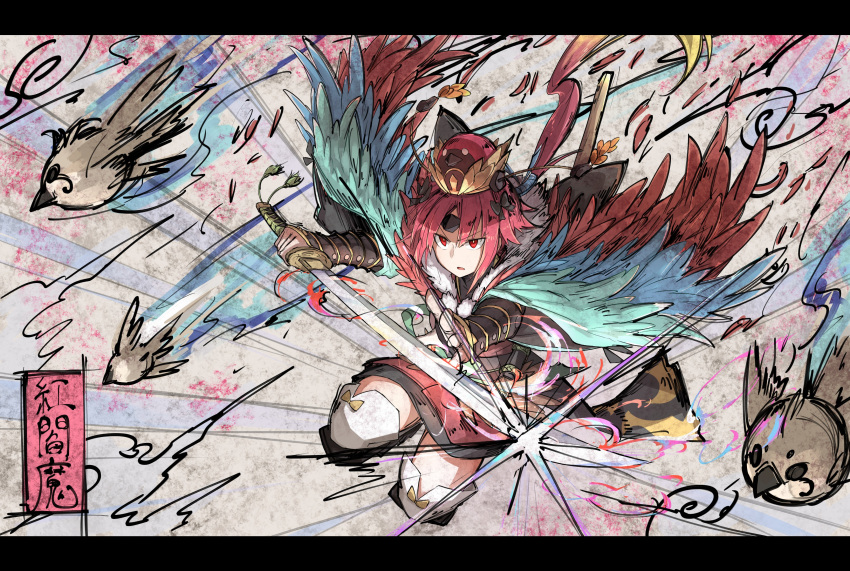 1girl absurdres bird cape character_request fate/grand_order fate_(series) fighting_stance hat highres holding holding_sword holding_weapon japanese_clothes jumping kankan33333 kimono letterboxed long_hair obi parted_lips ponytail red_eyes red_kimono redhead sash solo sparrow sword thigh-highs weapon white_thighhighs