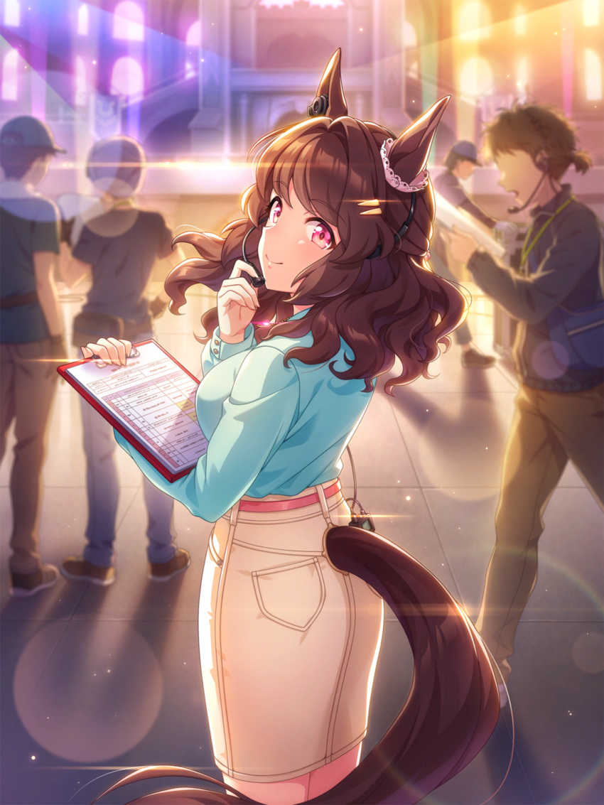 1girl 4boys animal_ears breasts brown_hair casual hair_ornament hairclip highres horse_ears horse_tail large_breasts lens_flare light_hello_(umamusume) long_hair looking_at_viewer multiple_boys official_art smile solo_focus sparkle tail umamusume violet_eyes