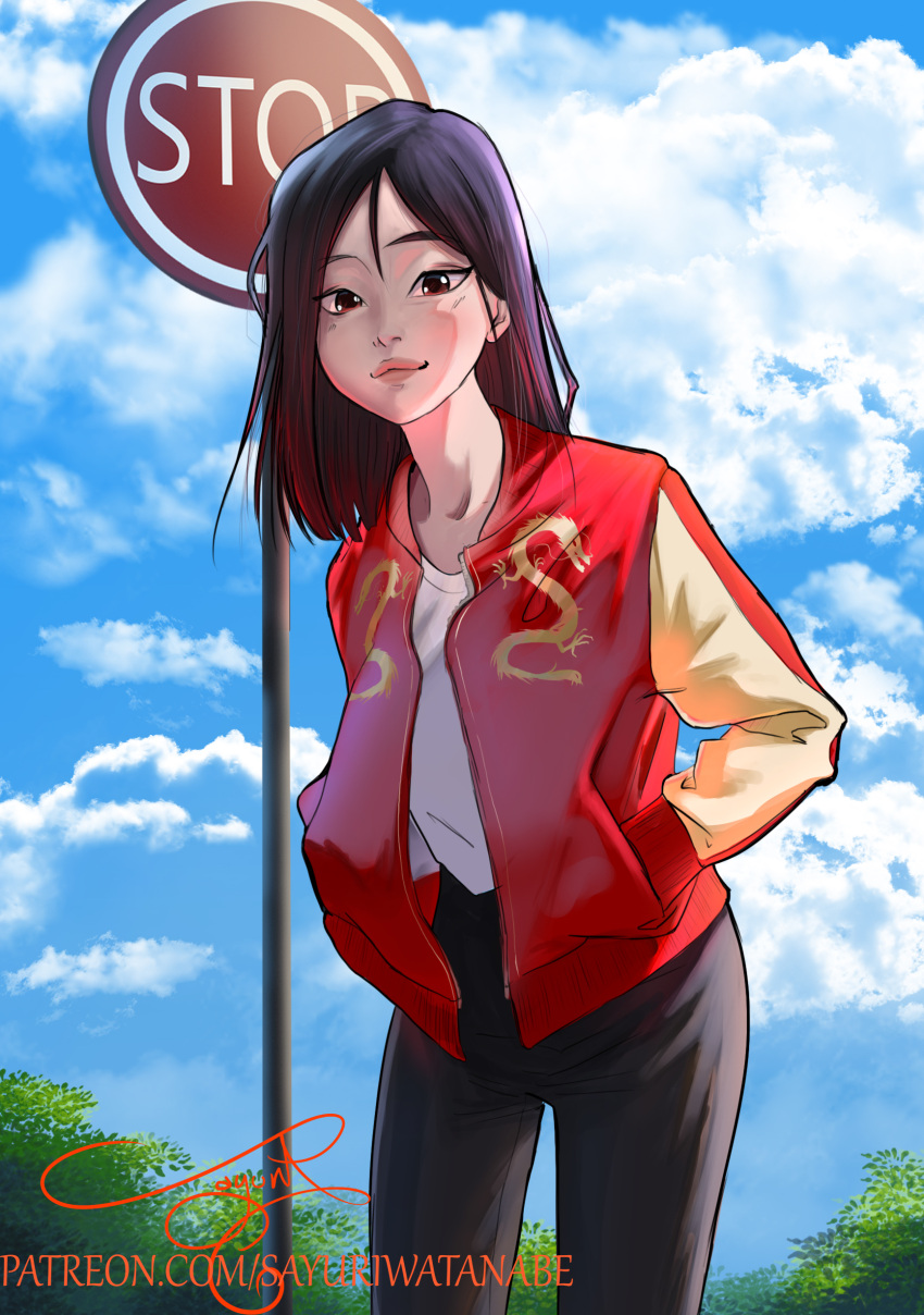 1girl absurdres alternate_costume artist_name black_hair black_pants blue_sky clouds cloudy_sky contemporary cowboy_shot fa_mulan_(disney) hands_in_pockets highres jacket leaf looking_at_viewer medium_hair mulan pants plant red_eyes red_jacket road_sign sayuri_watanabe shirt shirt_tucked_in sign sky smile solo stop_sign tree white_shirt