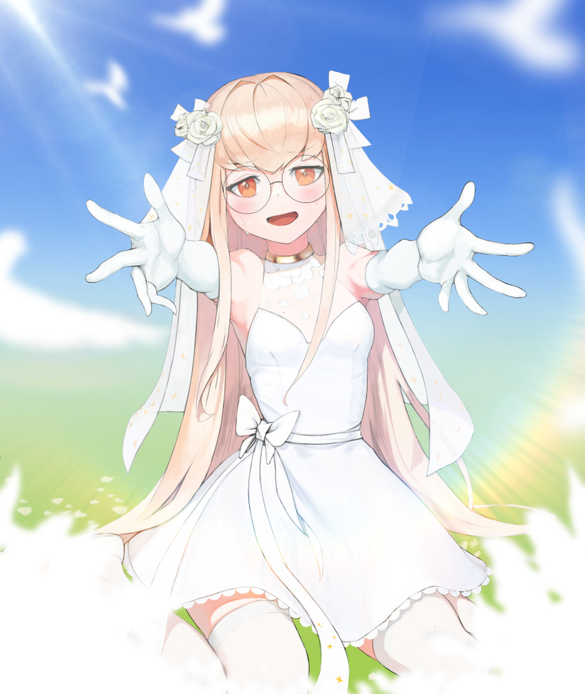 1girl absurdres bare_shoulders blonde_hair bridal_veil commission crying crying_with_eyes_open dress elbow_gloves girls_frontline gloves highres kneeling long_hair open_mouth orange_eyes outstretched_arms psyduck811 round_eyewear short_dress sidelocks smile solo tears thigh-highs type_80_(girls'_frontline) veil very_long_hair wedding_dress