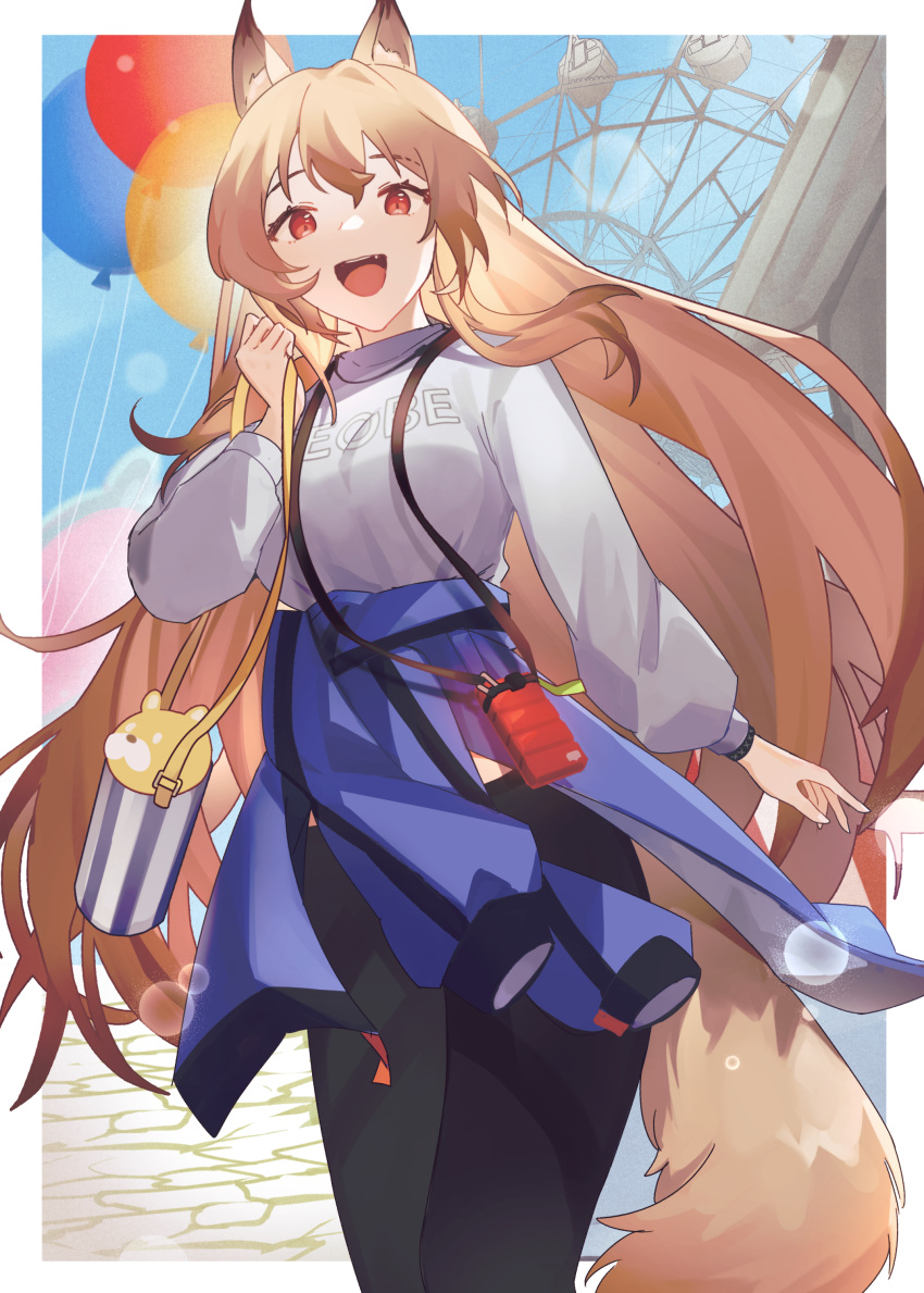 1girl :d absurdres animal_ears arknights bag balloon black_pants blue_jacket breasts brown_hair casual ceobe_(arknights) character_name clothes_around_waist clothes_writing cowboy_shot day dog_ears dog_tail ferris_wheel grey_sweater highres jacket jacket_around_waist large_breasts long_hair long_sleeves official_alternate_costume open_mouth outdoors pants red_eyes rippajun shoulder_bag smile solo sweater tail very_long_hair