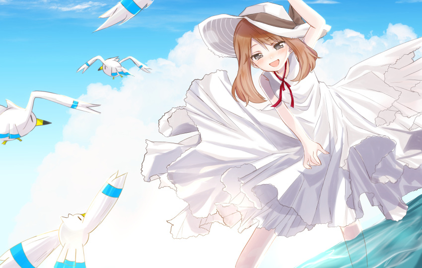 1girl :d alternate_costume arm_up bangs blush brown_hair clouds commentary_request day dress grey_eyes hat hat_ribbon highres leg_up long_hair may_(pokemon) nasakixoc open_mouth outdoors pokemon pokemon_(creature) pokemon_(game) pokemon_rse ribbon sky sleeveless sleeveless_dress smile standing wading water white_dress white_headwear wingull