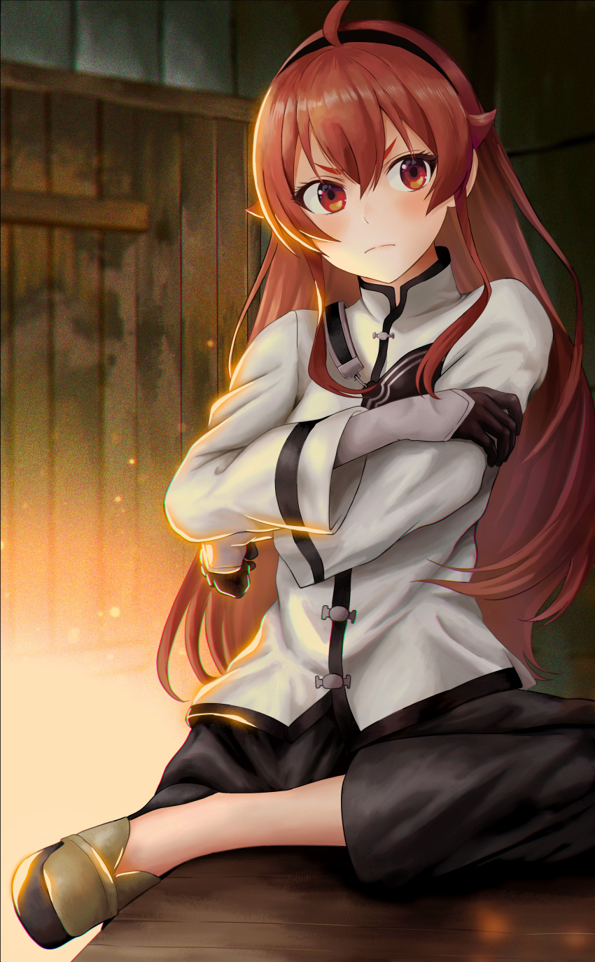 1girl absurdres ahoge bangs black_gloves black_hairband black_pants blush brown_footwear closed_mouth eris_greyrat frown gloves hair_between_eyes hairband highres jacket konbanwa01 long_hair looking_at_viewer mushoku_tensei pants red_eyes redhead shiny shiny_hair sitting solo v-shaped_eyebrows very_long_hair white_jacket