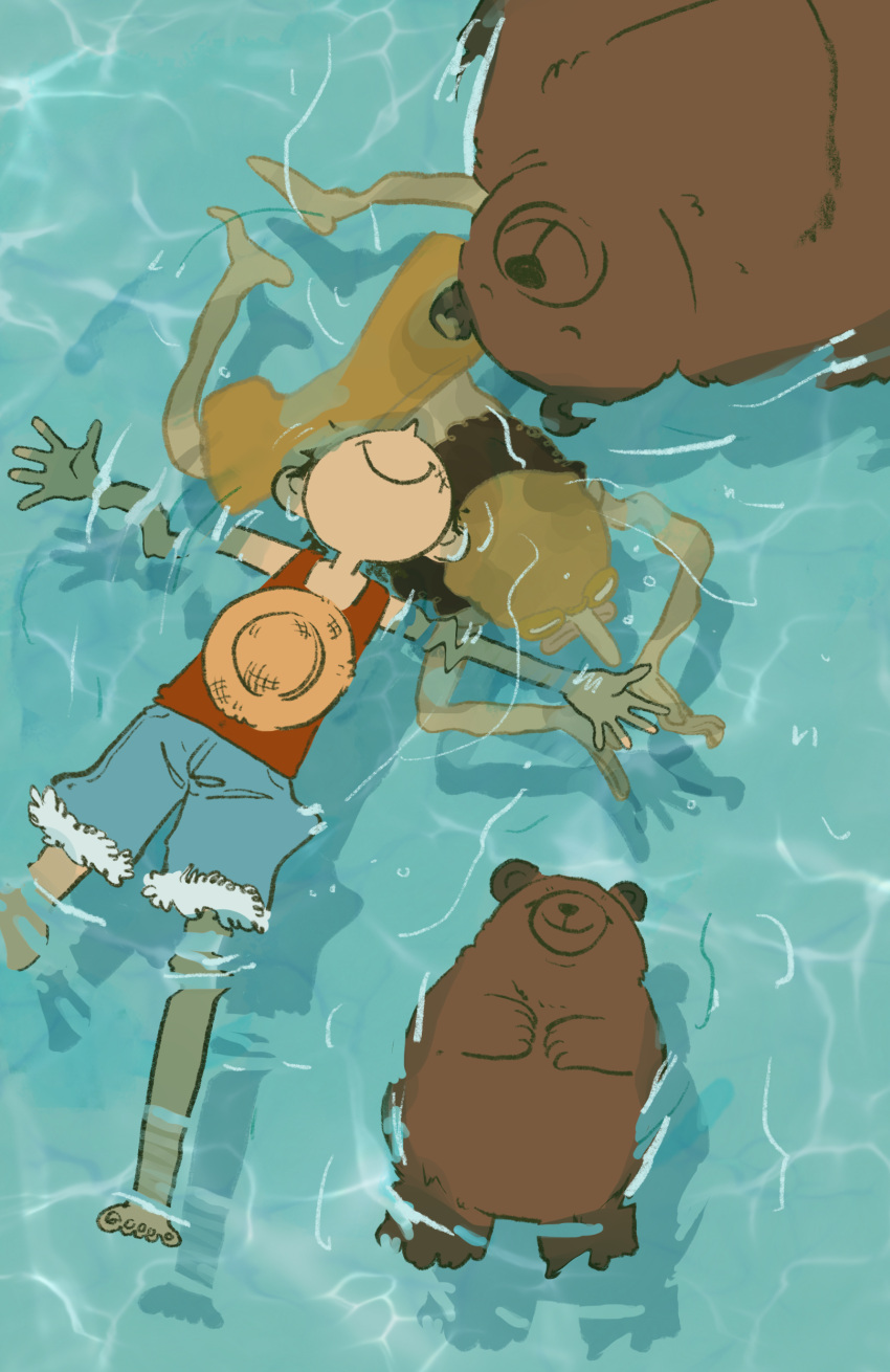 2boys absurdres afloat animal closed_mouth fengcheche hat hat_removed headwear_removed highres long_nose monkey_d._luffy multiple_boys one_piece partially_submerged red_shirt shirt smile straw_hat swimming underwater usopp water