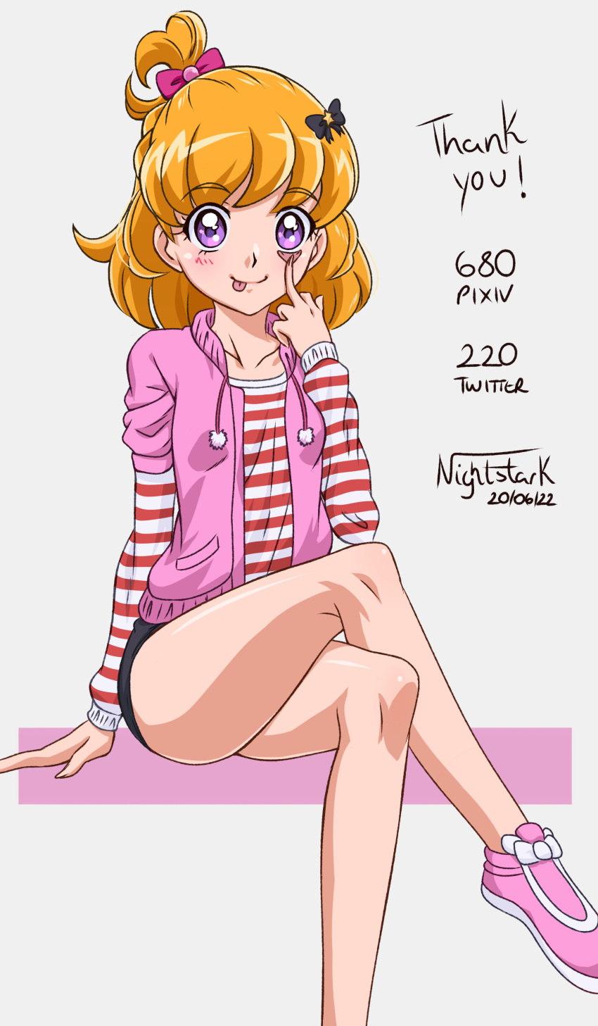 1girl :p absurdres artist_name asahina_mirai bare_legs black_shorts blonde_hair bow cardigan closed_mouth crossed_legs dated feet_out_of_frame grey_background hair_bow highres invisible_chair layered_sleeves long_hair long_sleeves looking_at_viewer mahou_girls_precure! nightstark one_side_up open_cardigan open_clothes pink_cardigan pink_footwear precure red_bow shiny shiny_hair shiny_skin shirt short_over_long_sleeves short_shorts short_sleeves shorts sitting smile solo striped thank_you tongue tongue_out violet_eyes