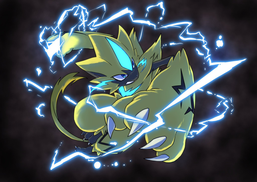blue_eyes claws clenched_teeth commentary_request electricity full_body furry highres ia_(ilwmael9) pokemon pokemon_(creature) solo teeth yellow_fur zeraora