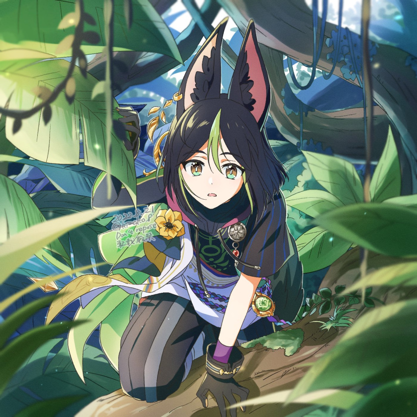 1boy animal_ear_fluff animal_ears arm_up artist_name asymmetrical_sleeves bangs black_gloves black_hair black_pants black_shirt blunt_ends branch bright_pupils brown_eyes cape commentary_request dated drawstring earrings flower forest fox_ears genshin_impact gloves green_cape green_eyes green_hair hair_between_eyes highres hood hood_down hoodie jewelry kimako_(kimako_8) leaf light_particles long_sleeves looking_at_viewer male_focus medal moss multicolored_clothes multicolored_eyes multicolored_hair nature open_mouth outdoors pants plant rope shirt short_hair short_sleeves sidelocks signature single_earring solo tassel tighnari_(genshin_impact) tree twitter_username two-tone_hair vines vision_(genshin_impact) watermark white_pupils wrist_cuffs yellow_flower