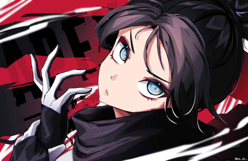 1girl animification apex_legends bangs black_gloves black_hair black_scarf blue_eyes coni_(co_ni_) from_side gloves hair_bun head_tilt highres open_hand parted_bangs parted_lips portrait red_background scarf solo v-shaped_eyebrows wraith_(apex_legends)
