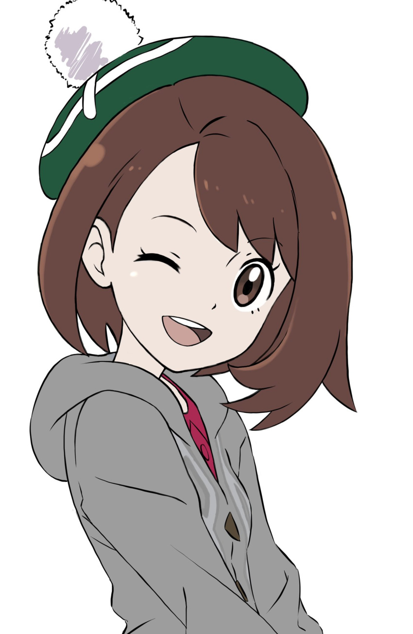 1girl ;d bob_cut brown_eyes brown_hair cable_knit cardigan collared_dress commentary_request dress gloria_(pokemon) green_headwear grey_cardigan hat highres hooded_cardigan ia_(ilwmael9) one_eye_closed open_mouth pokemon pokemon_(game) pokemon_swsh short_hair simple_background smile solo tam_o'_shanter teeth tongue upper_body upper_teeth white_background