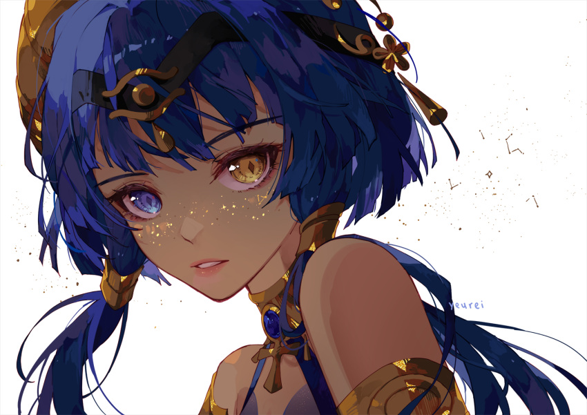 1girl armlet bangs bare_shoulders black_headband blue_eyes blue_hair candace_(genshin_impact) dark-skinned_female dark_skin genshin_impact headband heterochromia long_hair looking_at_viewer parted_lips pink_lips portrait simple_background solo twintails upper_body white_background yellow_eyes yeurei