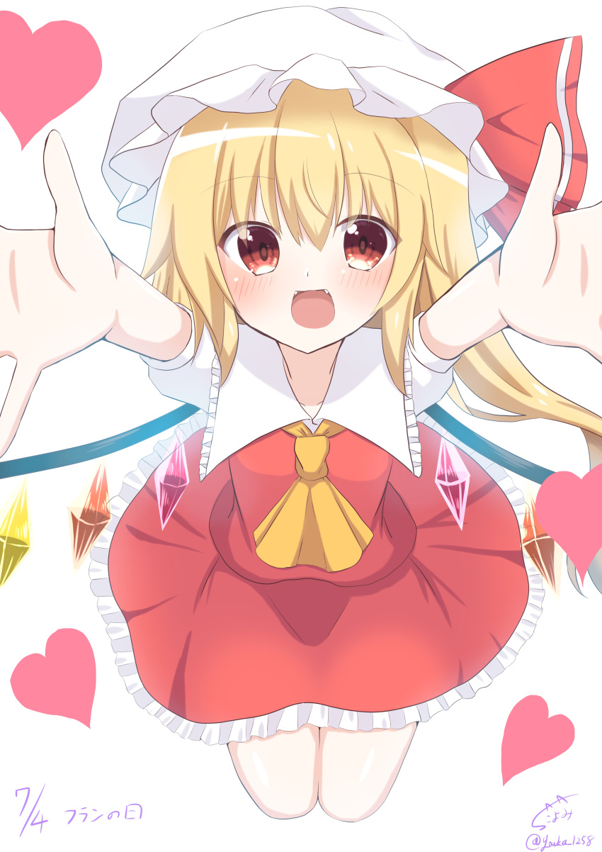 1girl :d absurdres ascot backlighting blonde_hair blush collared_shirt commentary_request crystal fangs flandre_day flandre_scarlet frilled_shirt_collar frilled_skirt frills hat heart highres imminent_hug long_hair mob_cap multicolored_wings open_mouth outstretched_arms puffy_short_sleeves puffy_sleeves red_eyes red_skirt red_vest shirt short_sleeves simple_background skirt skirt_set smile solo touhou vest white_background white_headwear white_shirt wings yellow_ascot youka1258