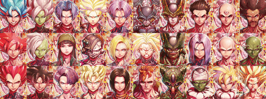 2girls 6+boys amaguchi_chiyoko android android_16 android_17 android_18 angry bald bangs black_hair blonde_hair blue_eyes blue_hair cell_(dragon_ball) cell_junior clenched_teeth colored_skin cyborg dragon_ball dragon_ball_super dragon_ball_z earrings expressionless frieza glowing glowing_eyes goku_black green_skin grin highres imperfect_cell jewelry kuririn long_hair looking_at_viewer mai_(dragon_ball) mr._satan multiple_boys multiple_girls namekian orange_hair parted_bangs perfect_cell piccolo pink_hair potara_earrings red_eyes scar scar_on_face semi-perfect_cell short_hair smile smirk son_gohan son_gohan_(future) son_goku spiky_hair super_saiyan super_saiyan_blue super_saiyan_god super_saiyan_rose teeth tenshinhan third_eye trunks_(dragon_ball) trunks_(future)_(dragon_ball) trunks_(future)_(xeno)_(dragon_ball) vegeta vegetto white_hair yamcha zamasu