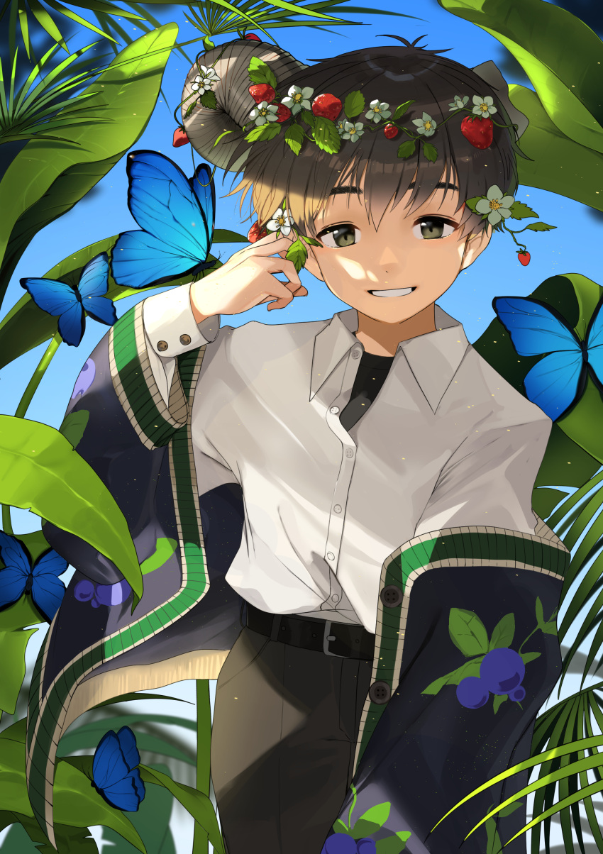 1boy absurdres animal_print bangs belt black_belt black_shirt blonde_hair blue_butterfly blue_skirt blue_theme buckle bug butterfly butterfly_on_hand butterfly_print child collar commentary commentary_request demon_boy demon_horns flower flower_ring green_eyes hair_ornament highres horns jjongjjongmk2 leaf long_sleeves looking_at_viewer male_child male_focus original outdoors pants shirt short_hair skirt smile solo symbol-only_commentary teeth white_collar