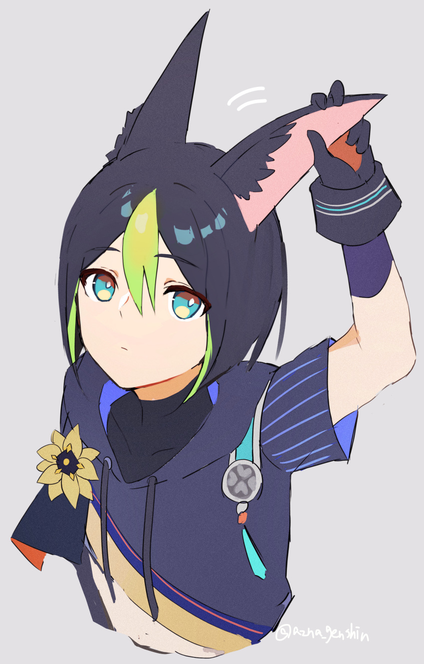 1boy absurdres animal_ears aqua_eyes arm_up azna bangs black_gloves black_hair closed_mouth cropped_torso flower fox_boy fox_ears genshin_impact gloves green_hair grey_background hair_between_eyes hand_on_ear highres hood hood_down male_focus multicolored_clothes multicolored_gloves multicolored_hair orange_gloves short_sleeves simple_background sketch solo tighnari_(genshin_impact) twitter_username upper_body yellow_flower