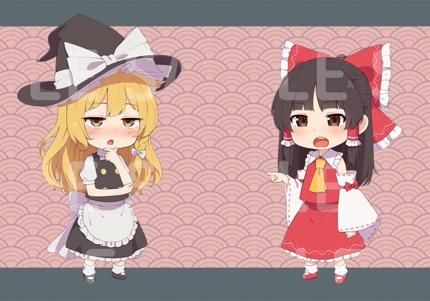 2girls apron ascot back_bow bangs bare_shoulders blonde_hair blush border bow braid brown_eyes brown_hair buttons chibi collared_shirt detached_sleeves dress eyes_visible_through_hair frills full_body grey_border grey_bow grey_dress grey_footwear grey_headwear hair_ornament hair_tubes hakurei_reimu hand_on_own_face hand_up hands_up hat hat_bow kanpa_(campagne_9) kirisame_marisa long_sleeves looking_at_viewer looking_up multiple_girls open_mouth outside_border pink_background pointing puffy_short_sleeves puffy_sleeves red_bow red_footwear red_shirt red_skirt shirt shoes short_sleeves single_braid skirt socks standing teeth tongue touhou wavy_background white_apron white_bow white_shirt white_socks wide_sleeves witch_hat yellow_ascot