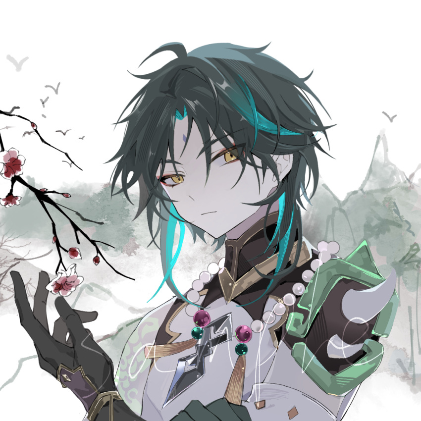 1boy aqua_hair arm_tattoo bead_necklace beads bird black_gloves black_hair branch bud closed_mouth facial_mark flower forehead_mark genshin_impact gloves highres jewelry makeup male_focus multicolored_hair necklace orange_eyes pink_flower sample_watermark solo tassel tattoo upper_body xiao_(genshin_impact) yue_(shemika98425261)