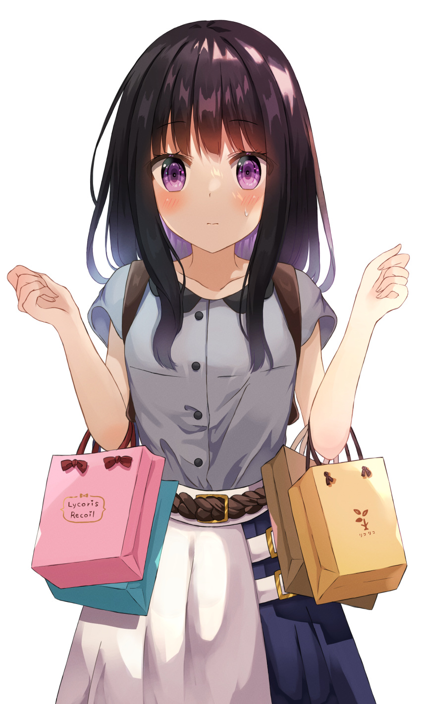1girl absurdres bag bangs black_hair blue_skirt blush closed_mouth collarbone commentary_request copyright_name grey_shirt highres inoue_takina long_hair looking_at_viewer lycoris_recoil rope_belt shirt shopping_bag short_sleeves simple_background skirt solo two-tone_skirt violet_eyes white_background white_skirt yuno_(suke_yuno)