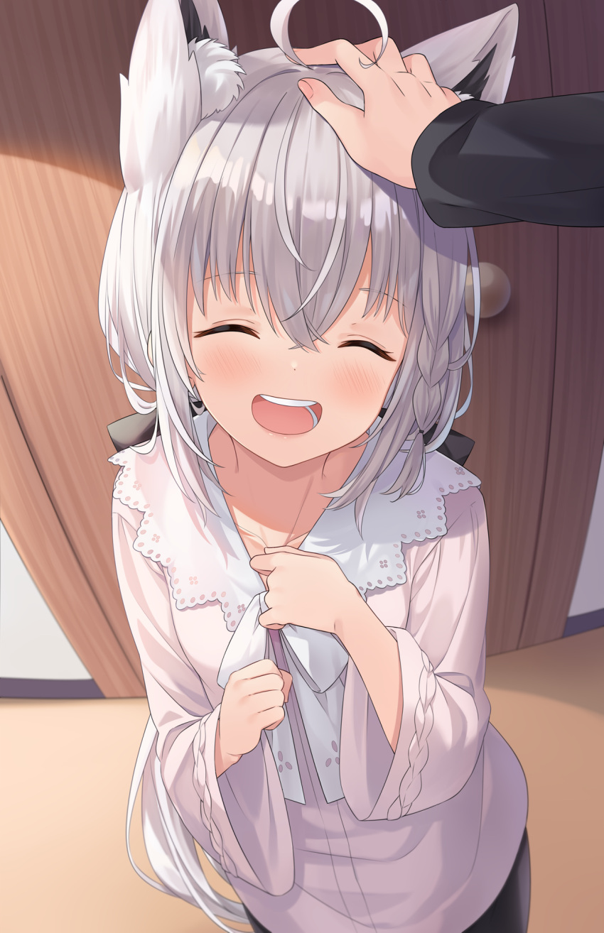1girl :d ^_^ ahoge animal_ear_fluff animal_ears bangs blush bow braid closed_eyes collared_shirt commentary door english_commentary facing_viewer fox_ears fox_girl grey_hair hair_between_eyes headpat highres hitsukuya hololive indoors long_hair long_sleeves open_mouth out_of_frame shirakami_fubuki shirt smile solo_focus standing teeth upper_teeth very_long_hair virtual_youtuber white_bow wide_sleeves
