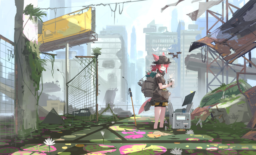 1girl absurdres arknights backpack bag billboard bird black_shorts brown_jacket building drone ears_down ears_through_headwear fence glasses green_eyes hair_over_one_eye helmet highres jacket lily_pad lwj moss myrtle_(arknights) outdoors overgrown pouch redhead round_eyewear ruins short_hair shorts shovel skyscraper standing tail wading wetland