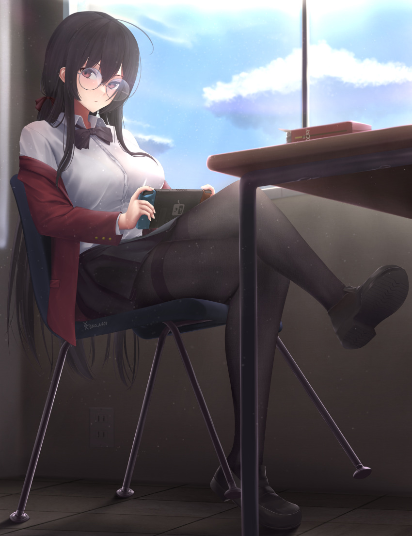 1girl absurdres ahoge azur_lane bangs black_bow black_bowtie black_footwear black_hair black_skirt blue_sky blush bow bowtie breasts chair closed_mouth clouds collared_shirt crossed_legs day desk dress_shirt eko.art expressionless full_body glasses hair_between_eyes hair_ribbon handheld_game_console highres holding holding_handheld_game_console huge_ahoge indoors jacket large_breasts legs loafers long_hair looking_at_viewer nintendo_switch off_shoulder official_alternate_costume on_chair open_clothes open_jacket pantyhose pleated_skirt red_jacket red_ribbon ribbon round_eyewear school_uniform shirt shoes sidelocks sitting skirt sky solo straight_hair taihou_(azur_lane) taihou_(sweet_time_after_school)_(azur_lane) thighband_pantyhose very_long_hair white_shirt window