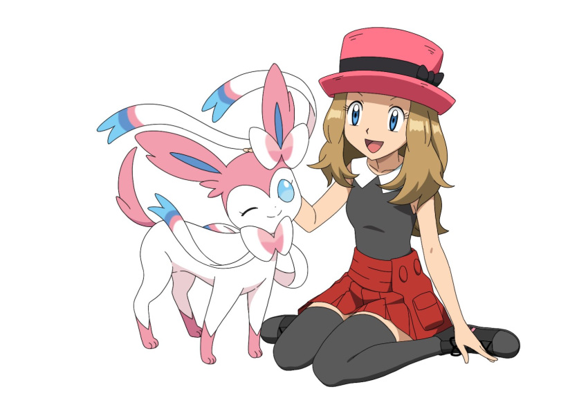 1girl :d black_thighhighs blue_eyes brown_hair collarbone commentary_request eyelashes hand_up happy hat highres ia_(ilwmael9) long_hair open_mouth pink_headwear pleated_skirt pokemon pokemon_(anime) pokemon_(creature) pokemon_xy_(anime) red_skirt serena_(pokemon) shirt shoes simple_background sitting skirt sleeveless sleeveless_shirt smile sylveon thigh-highs tongue white_background